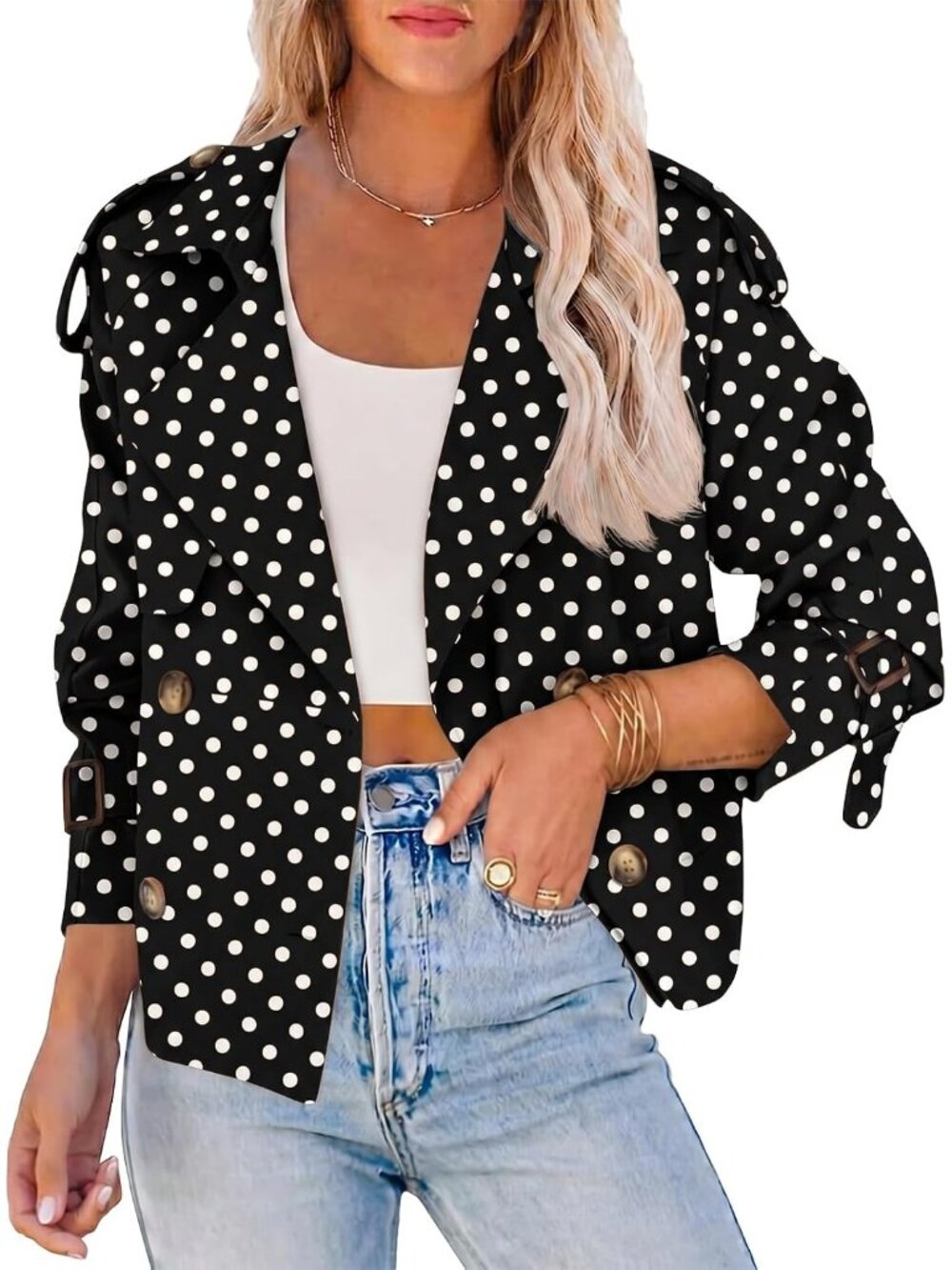 Women's Black Polka Dots Cropped Raglan Sleeve Lapel Double Breasted Trench Coat